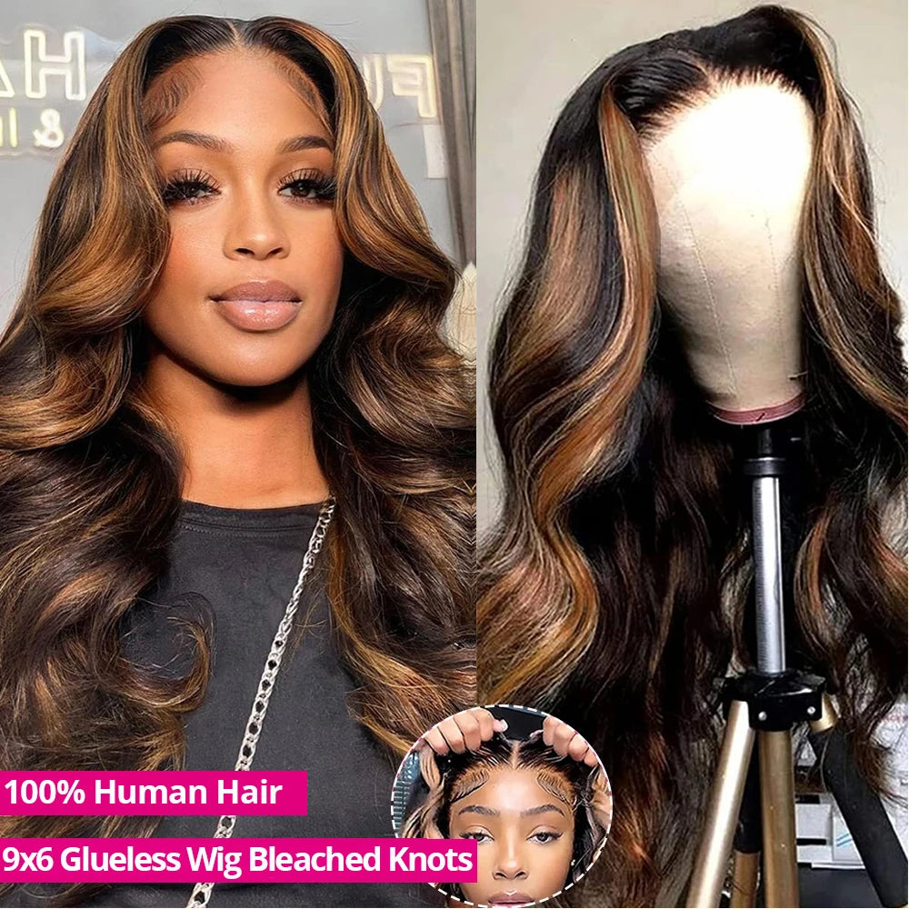 1B/30 Highlight Wig Body Wave Human Hair Wig Pre Plucked Pre Cut Lace 9x6 Glueless Ready To Wear