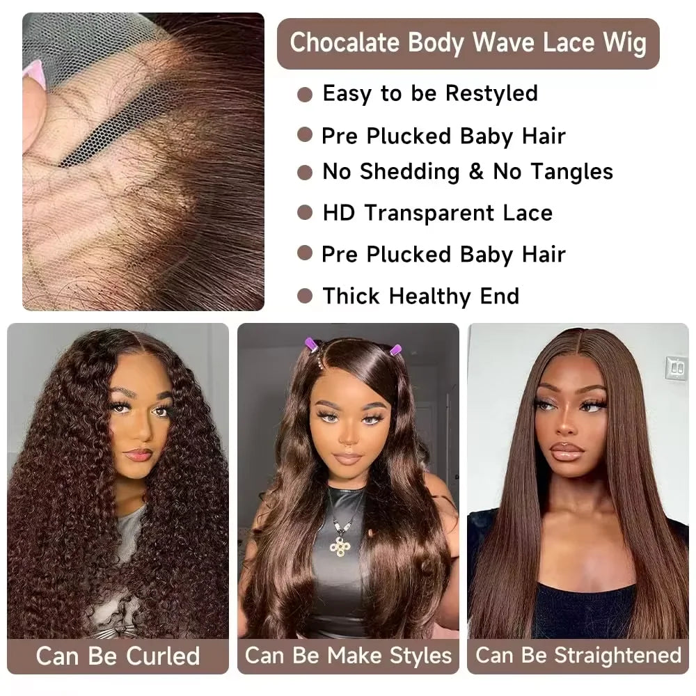 13x6 Chocolate Brown HD Lace Front Human Hair Wigs Body Wave