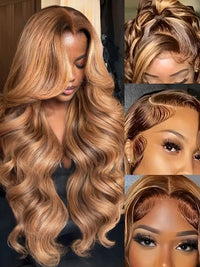 Thumbnail for 250 Density Highlight Ombre 100% Human Hair 13x6 HD Lace Frontal Wigs Body Wave Water Loose Brown Brazilian