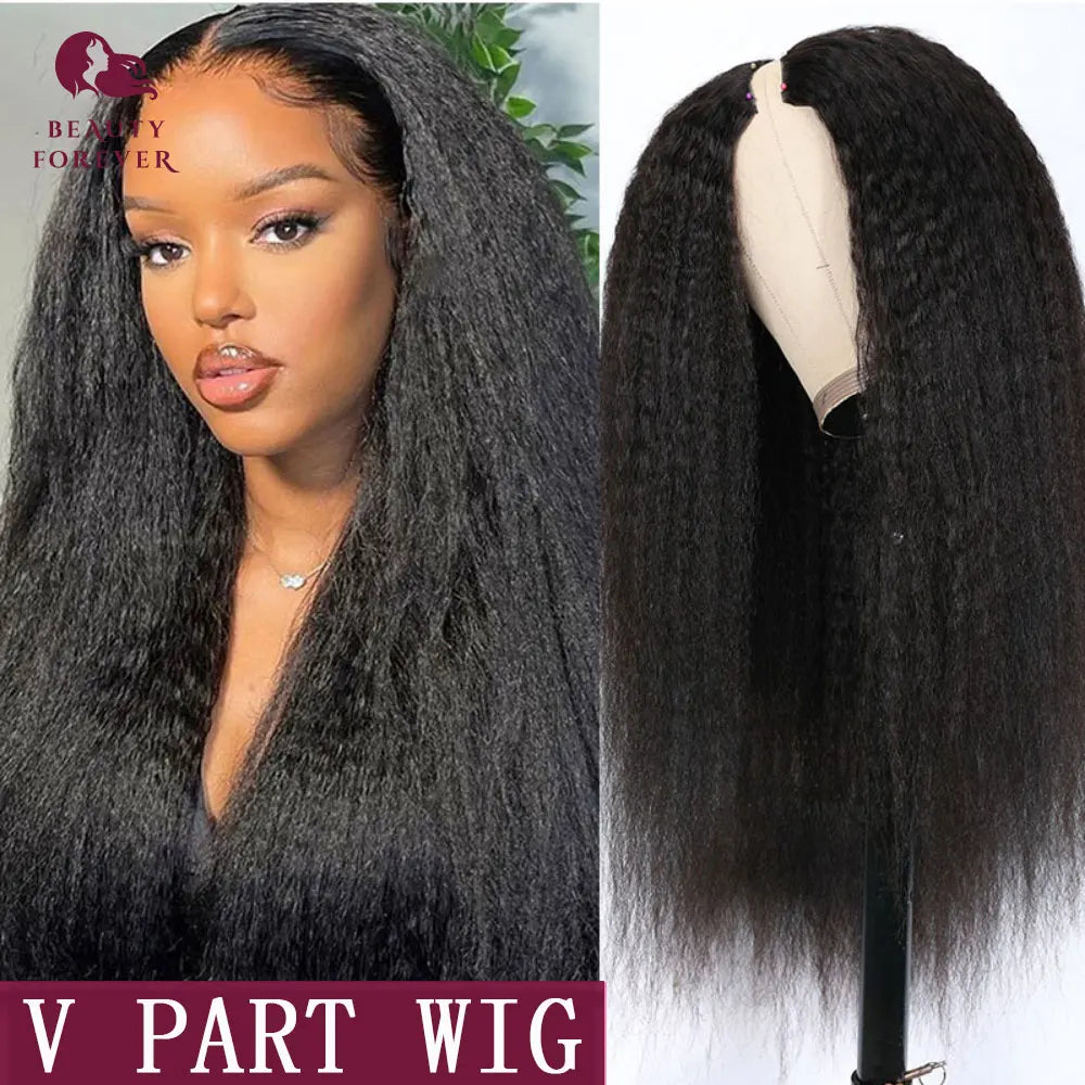 Yaki Straight V Part Wig Human Hair Elastic DrawString Straight