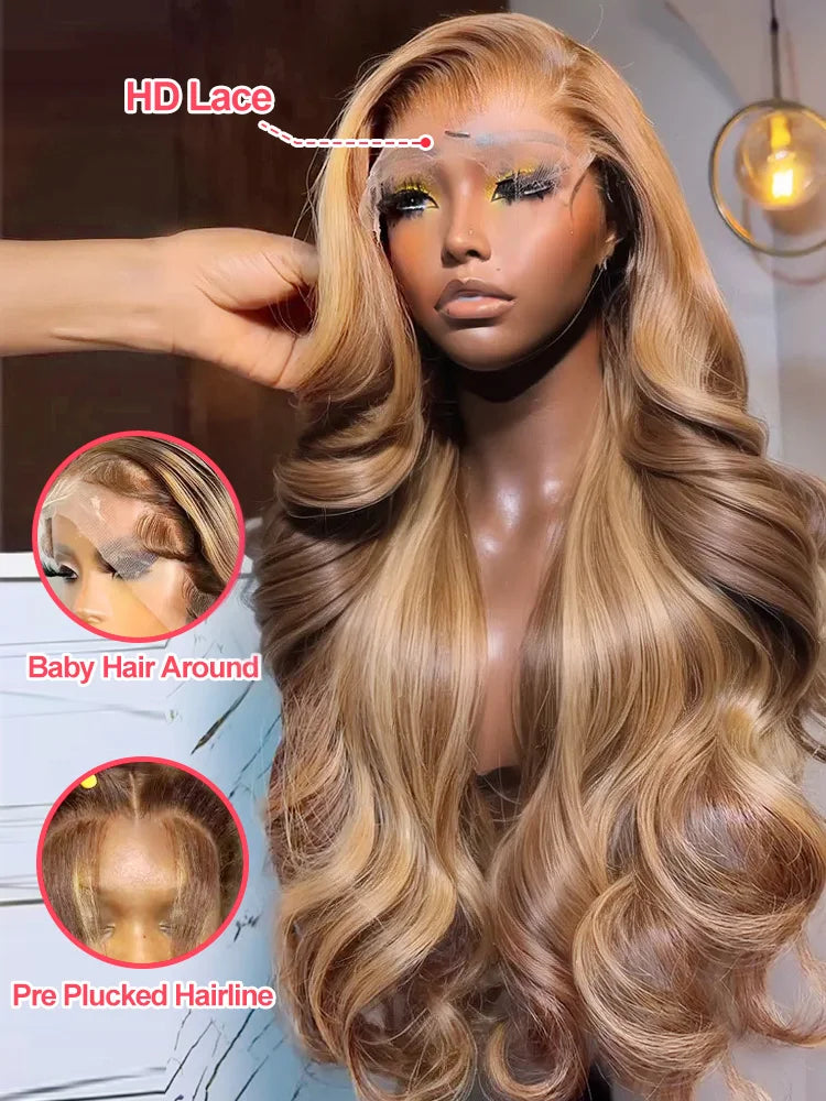 250 Density Highlight Ombre 100% Human Hair 13x6 HD Lace Frontal Wigs Body Wave Water Loose Brown Brazilian