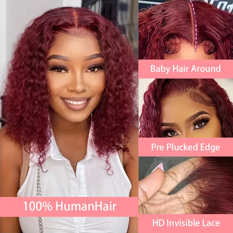 Curly 99J Burgundy Human Hair Lace Frontal Wig 100% Real Human Hair