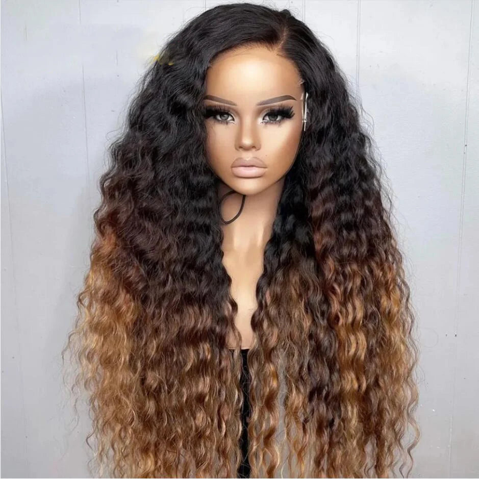 Natural Hairline Ombre Honey Blonde Kinky Cruly 180Density Lace Front Wig with Baby Hair Glueless Preplucked