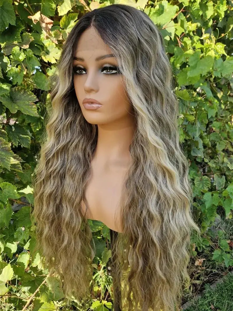Ombre Ash Blonde Brown Water  Heat Resistant Fiber Hair Wig Glueless Synthetic Wigs High Quality Women's Wigs