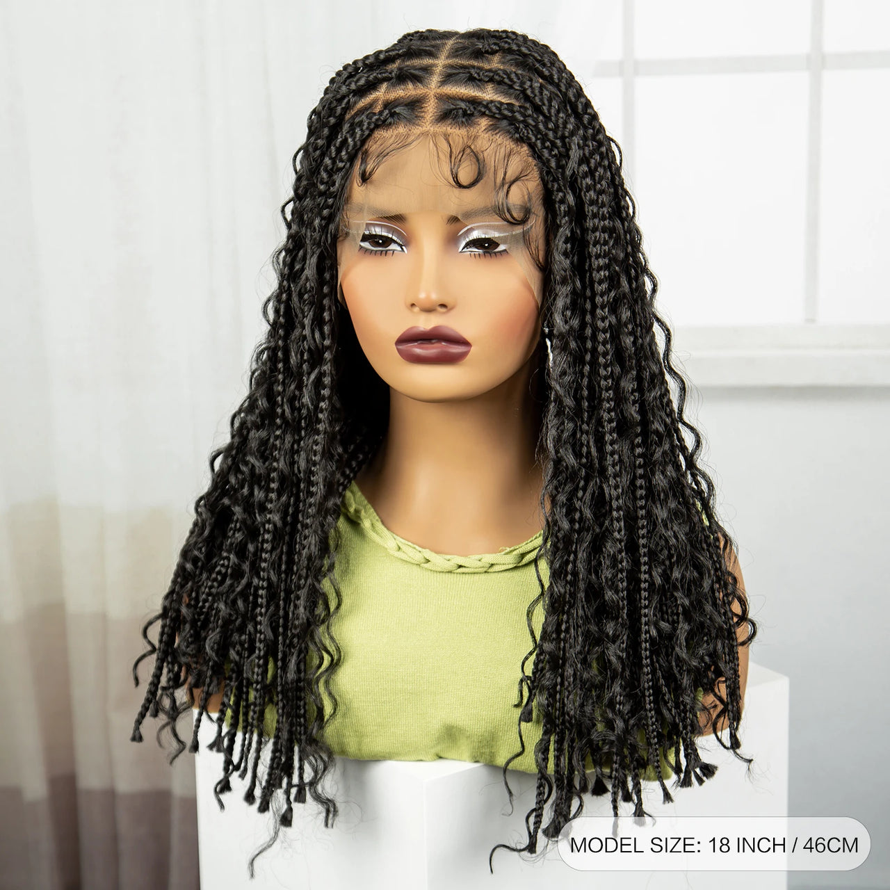 18" Full Lace Boho Braided Wigs with Curly Hair Synthetic Knotless Box Braided Lace Wigs with Baby Hair