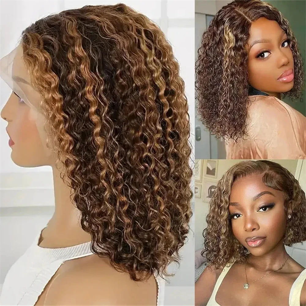 Highlight Color Short Bob Wigs Deep Wave Brazilian Human Hair Deep Curly