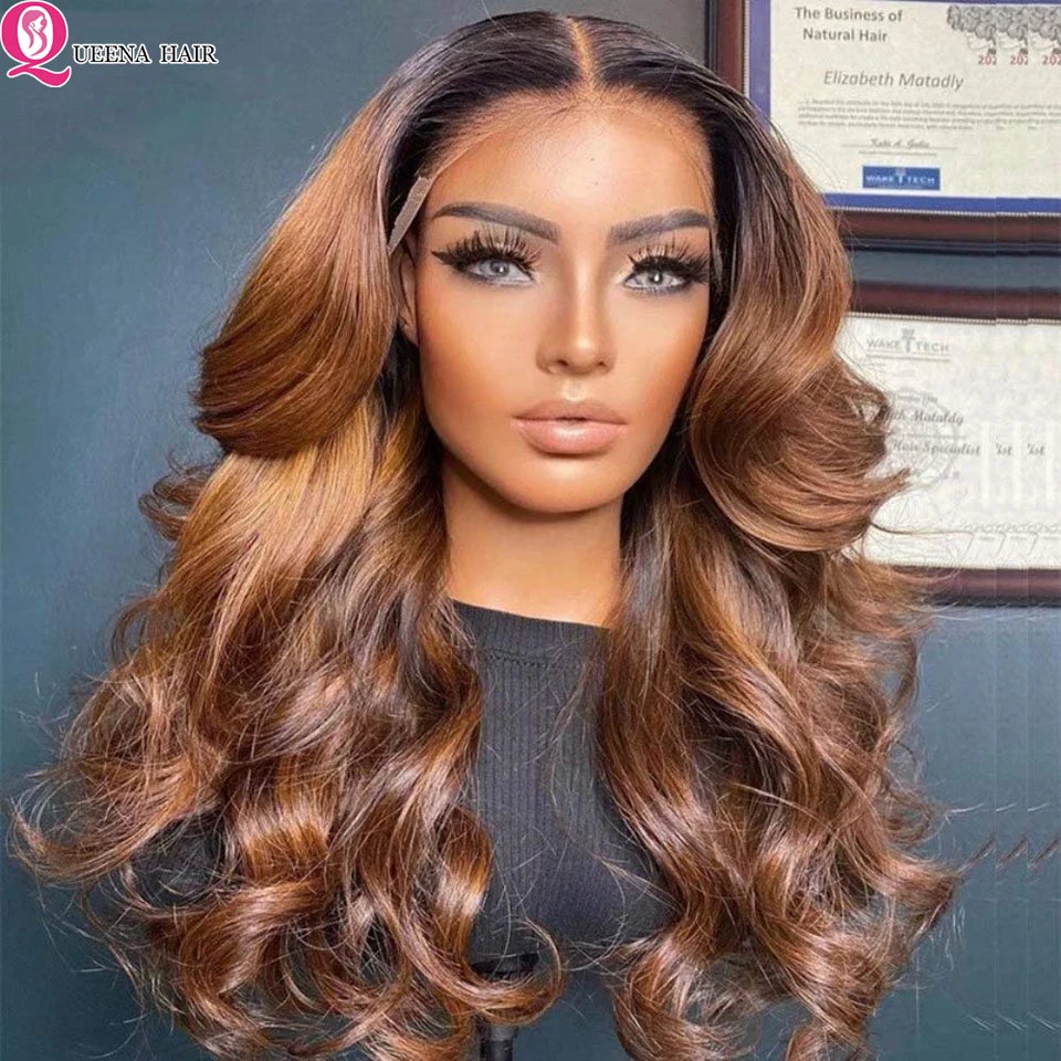 1B 30 Ombre Body Wave Human Hair Wigs 180% Density HD Transparent -13x4 Lace Front Wig Pre Plucked Glueless Wig
