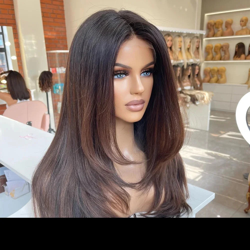 Ombre Brown Silk Base Human Hair Wig With Preplucked  Baby Hair HD Lace European Hair