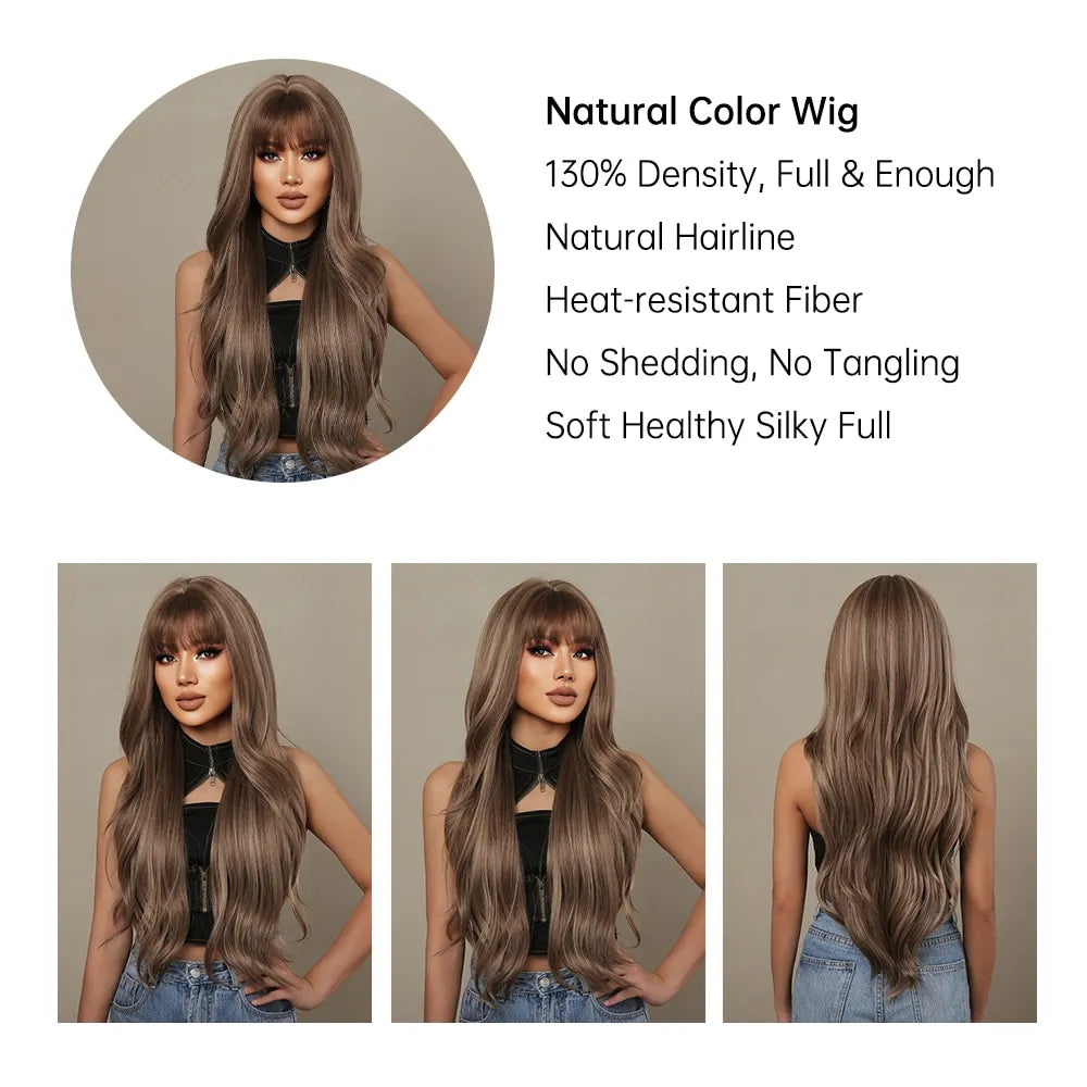 Brown Mixed Blonde Synthetic Wigs with Bang Long Natural Wavy Hair