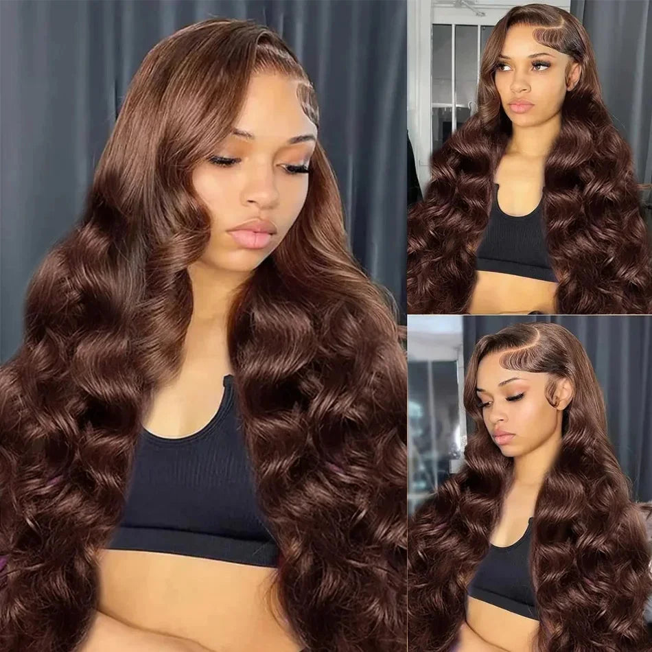 30 Inch Chocolate Brown Body Wave Pre-Plucked Brown Transparent Lace Frontal Wigs