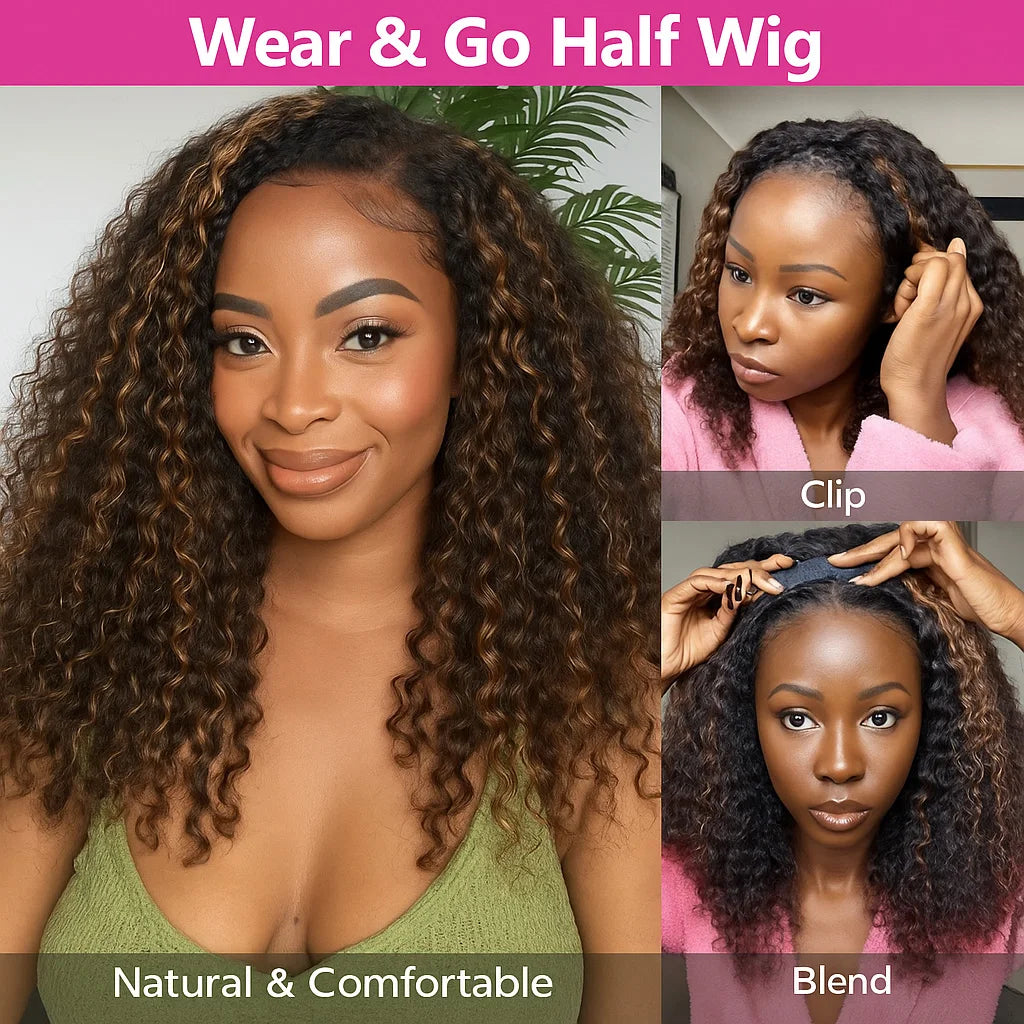 1B/30 Highlight Half Wig Bohemian Curly 3 In 1 Wigs Flip Invisi Drawstring Wig Ombre Blonde Colored Glueless 3/4 Half Human Wig