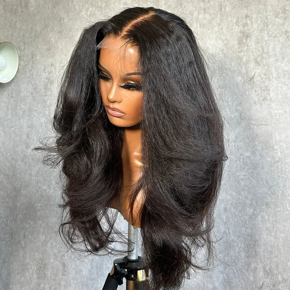 26Preplucked Black Yaki Kinky Body Wave 180Density Natural Hairline