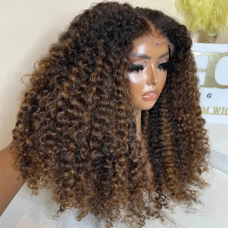 Natural Hairline Preplucked 26“Long 180Density Ombre Brown Blonde Kinky Curly Lace Front Wig  Baby Hair Glueless