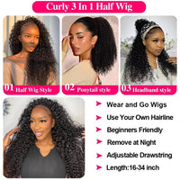Thumbnail for 1B/30 Highlight Deep Wave Half Wig Human Hair 3 IN 1 Half Wig Invisible Drawstring Glueless Wig Ombre Blonde Colored Curly Wig