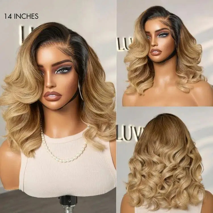 Gorgeous Ombre Blonde Color Loose Wave 13x4 Closure Lace Glueless Short Frontal Lace Human Hair Wig