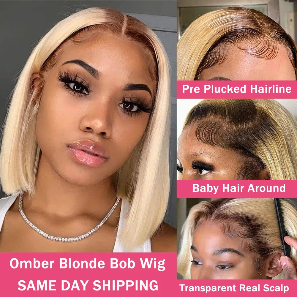 Short Bob Wig Ombre Blonde Lace Front Human Hair Wigs Straight 150 Density