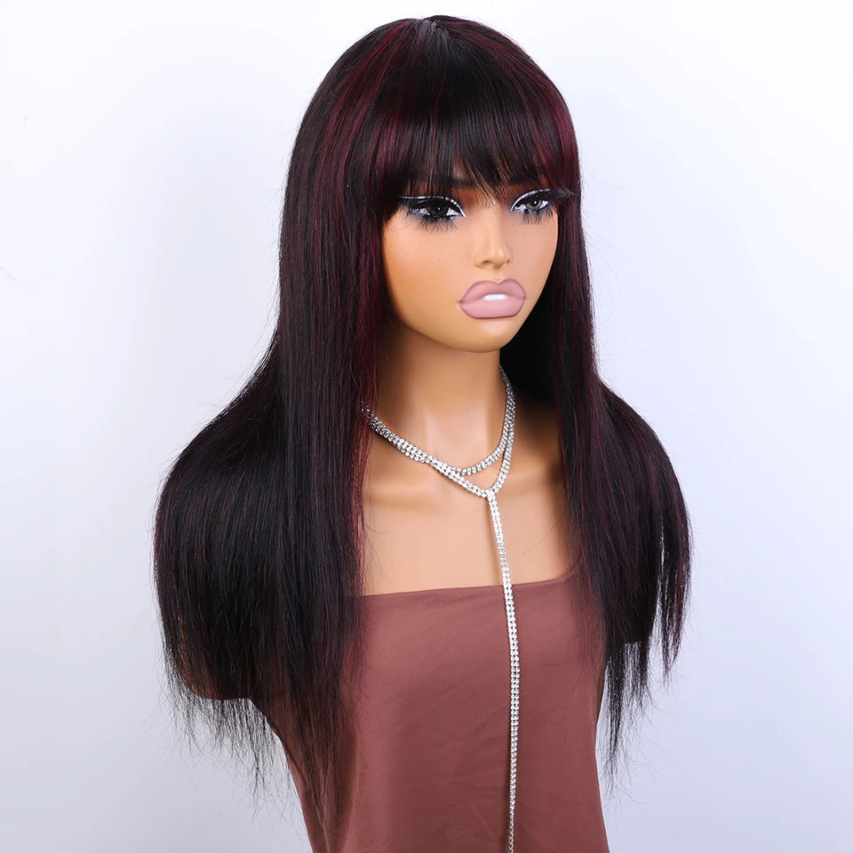 24" Long Highlight Burg Red Bone Straight Human Hair Wigs With Bangs Brazilian Remy Hair