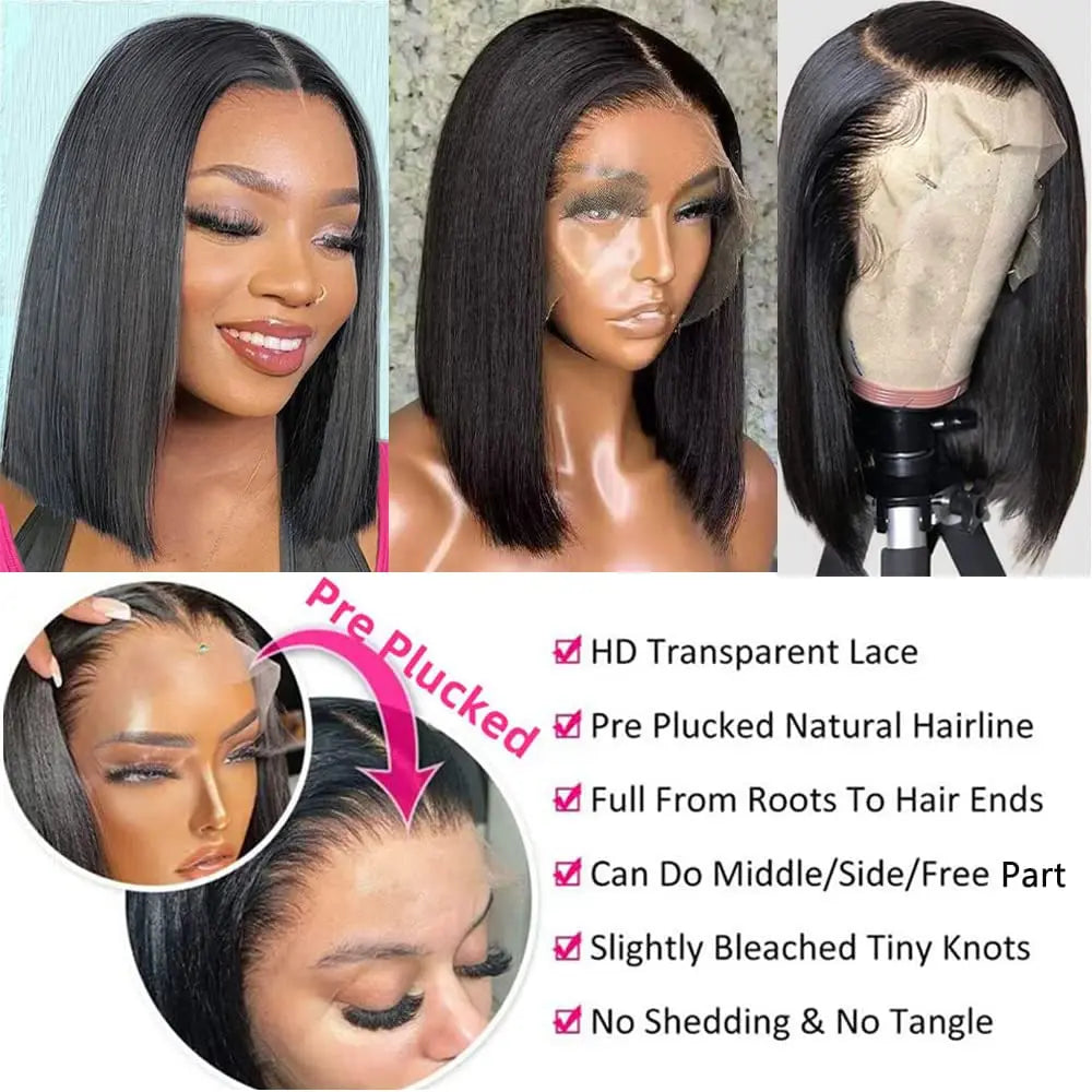 Short Bob Wig Closure Brazilian Remy Human Hair 180% Pre plucked