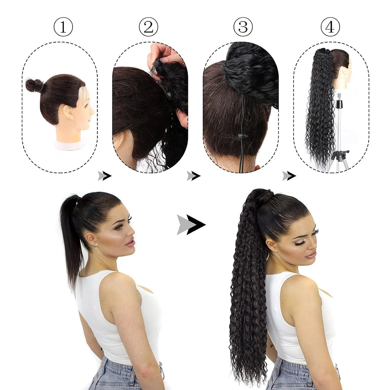 Deep Wave Drawstring Ponytail Human Hair Ponytails #1B Natural Black Curly Clip In Hair Extensions