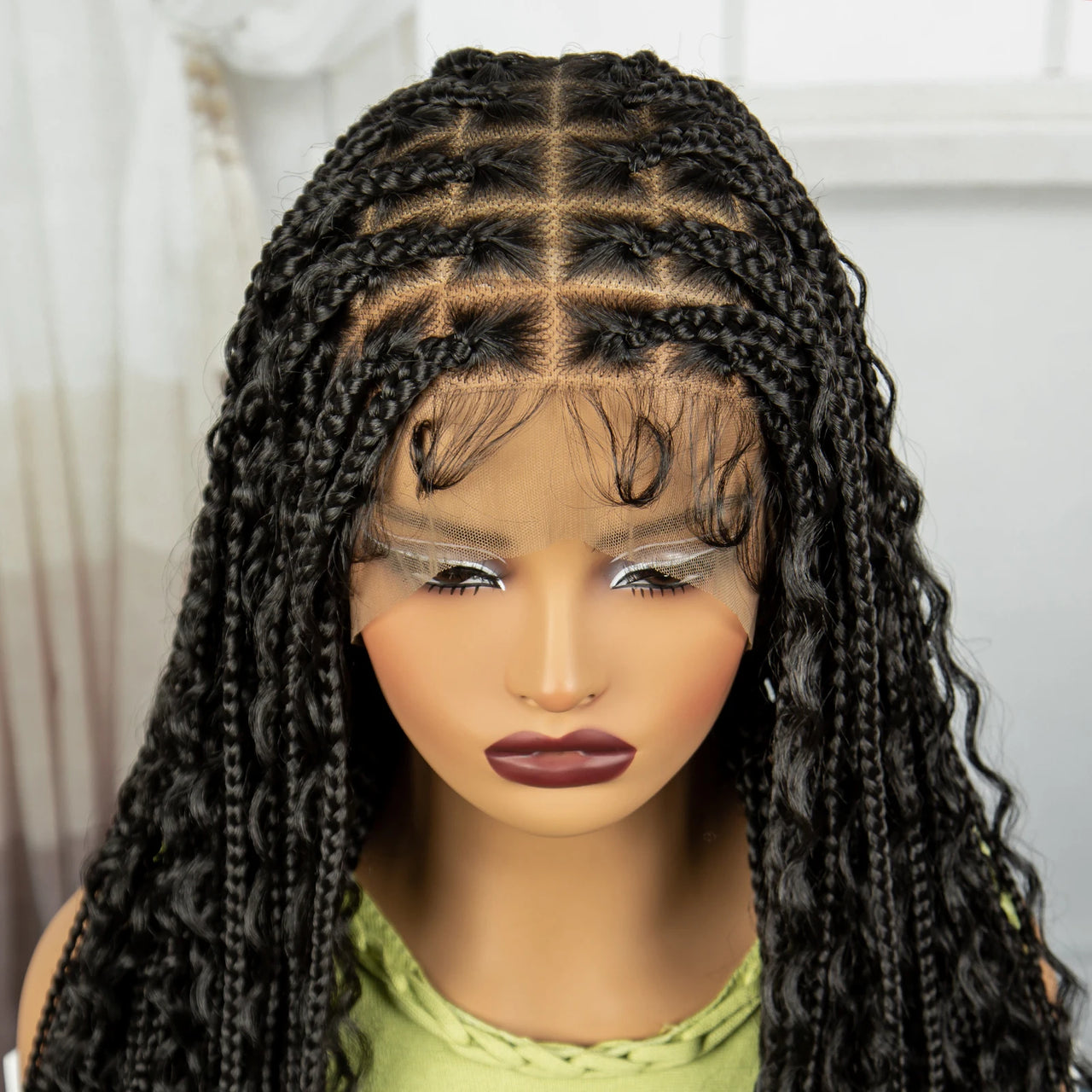 18" Full Lace Boho Braided Wigs with Curly Hair Synthetic Knotless Box Braided Lace Wigs with Baby Hair