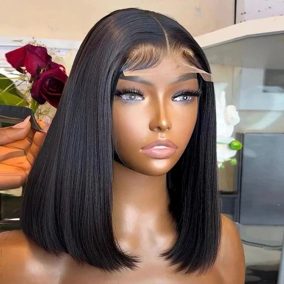 Short Bob Wig Closure Brazilian Remy Human Hair 180% Pre plucked