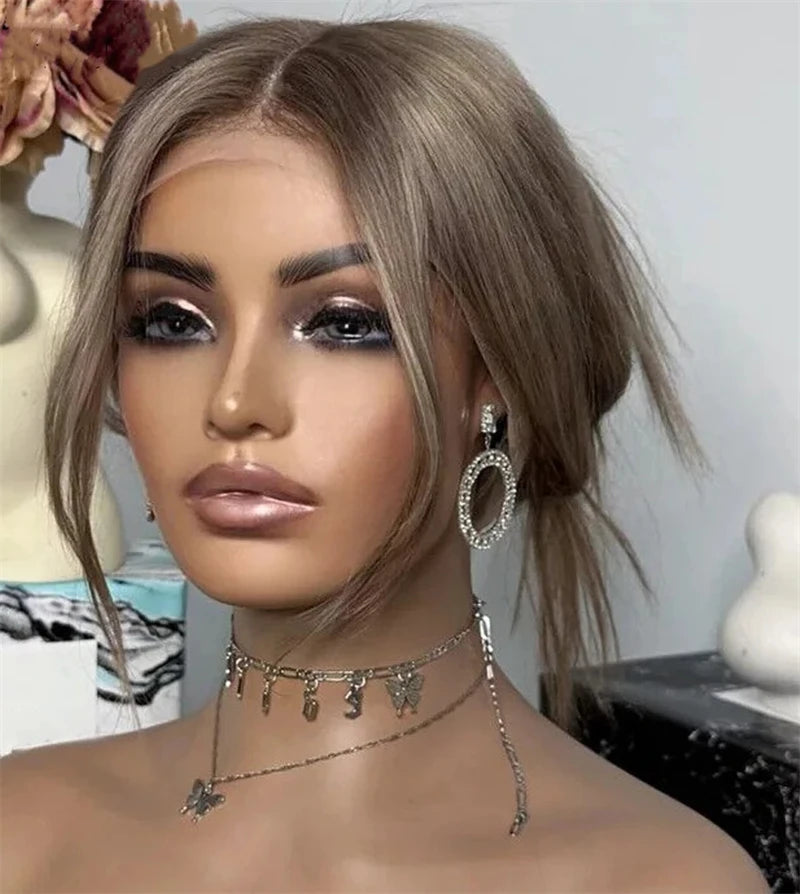 Ombre Brown Wig Long Straight Synthetic Lace Front Wig Glueless Brunette Hair Chocolate Brown