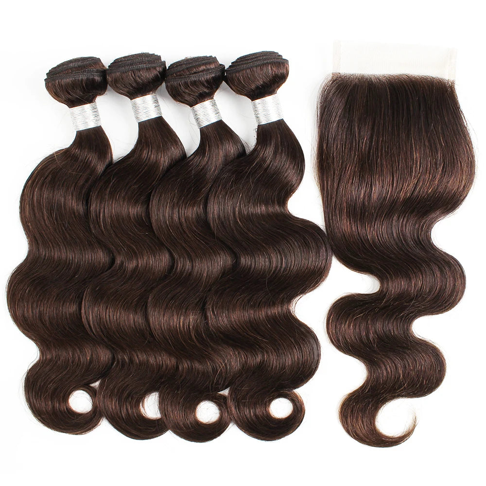 Body Wave 4 Bundles With 4*4 Lace Closure 400Gram/Lot For Full Head Dark Brown #2 #4 Remy Brazilian Human Hair Extension