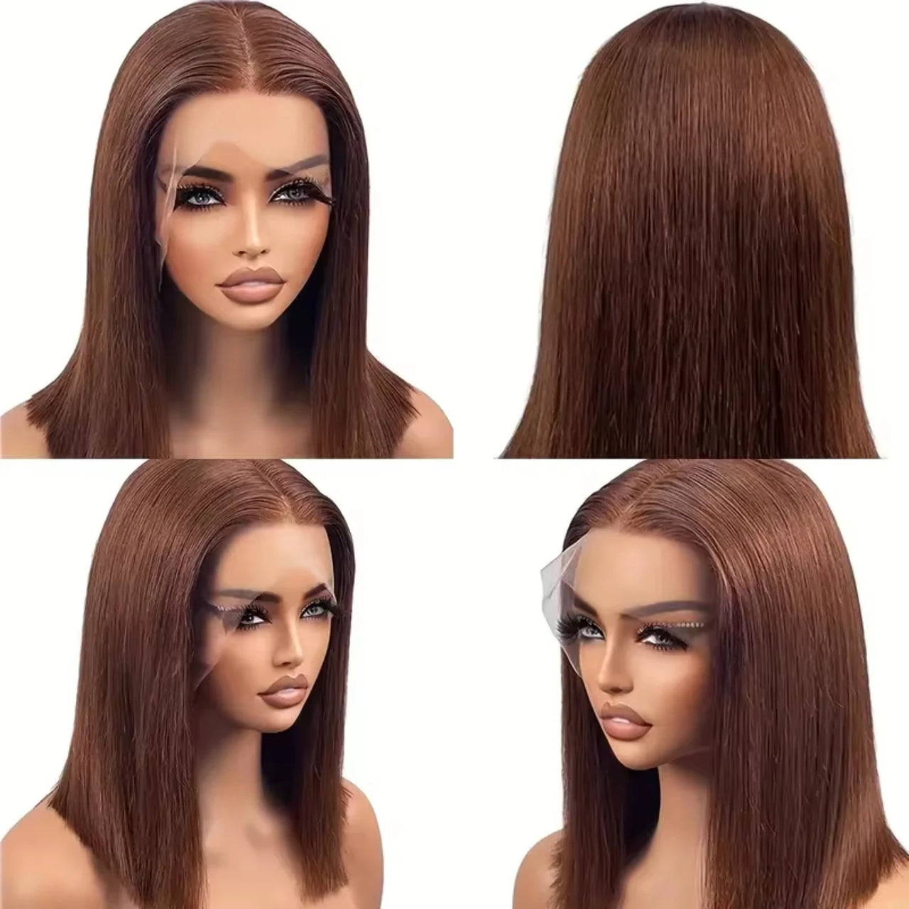 200 Density Brazilian Human Hair Chocolate Brown Short Bob Wig Bone Straight 13x4 HD Transparent Lace Front Wigs
