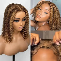Thumbnail for Pre Cut 7x5 Curly Bob Glueless Wigs Human Hair Pre Plucked 4/27 Highlight Ombre