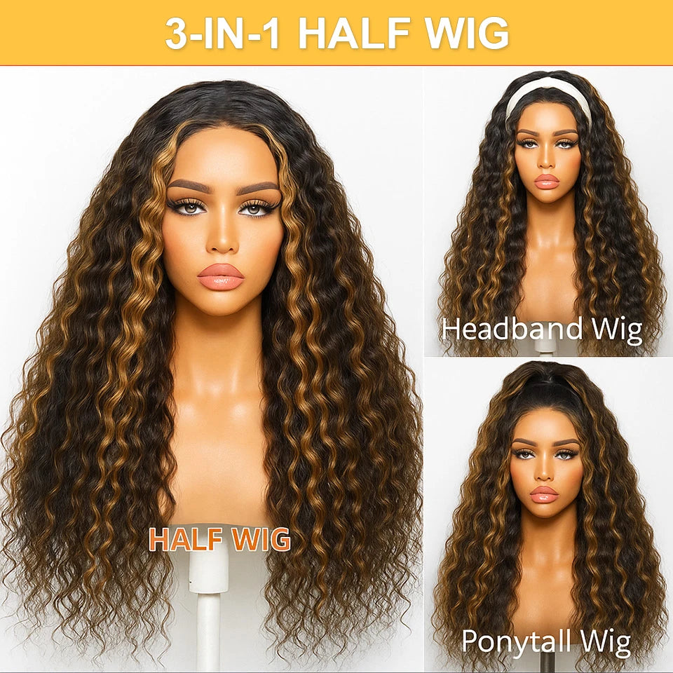 1b30 Highlight Half wig wear and go 3in1 Headband Wigs Human Hair Water Wave Wigs 100% Hair