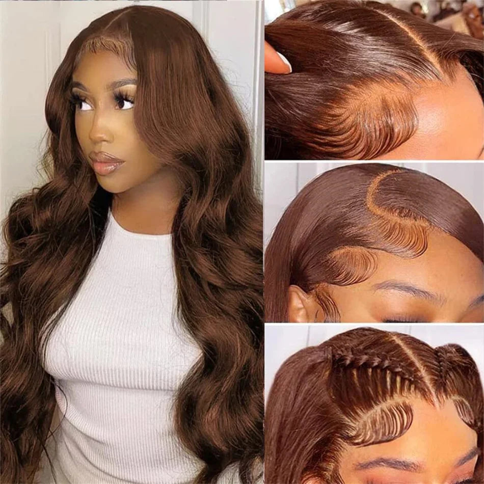 30 Inch Chocolate Brown Body Wave Pre-Plucked Brown Transparent Lace Frontal Wigs