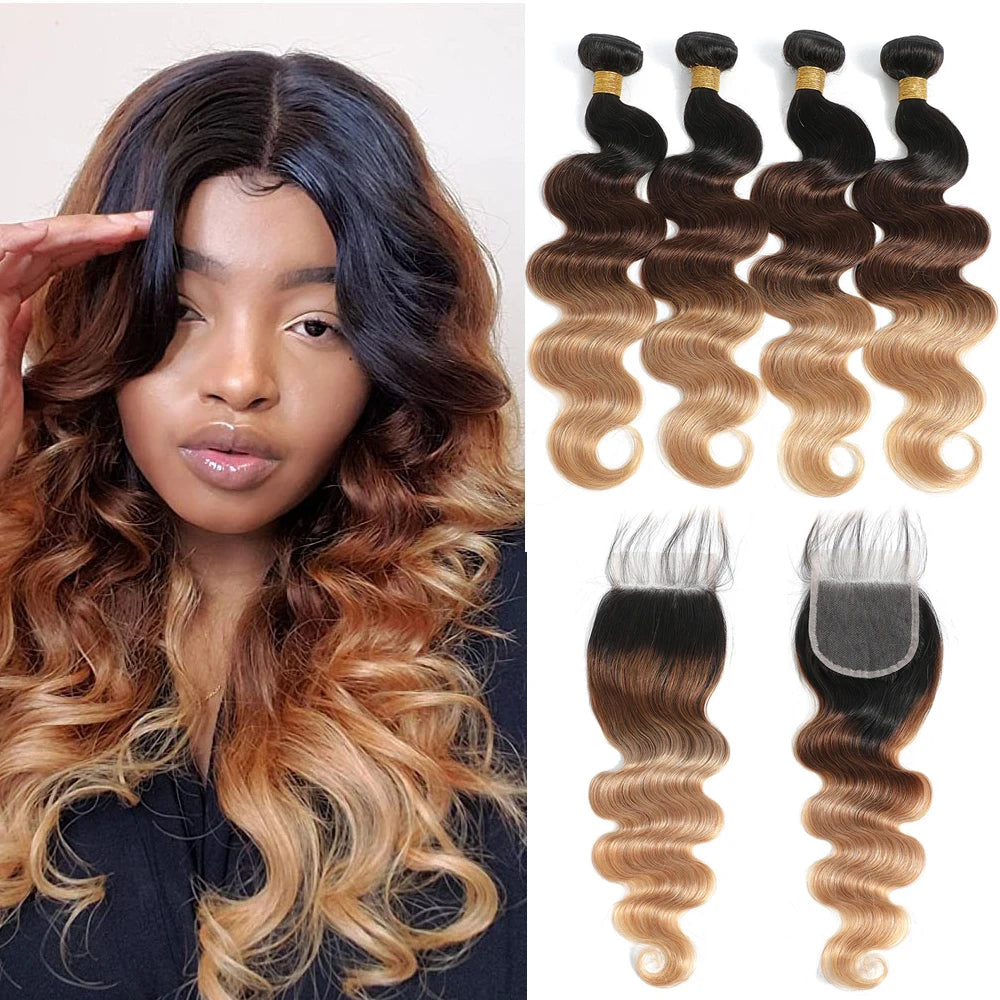 Ombre Human Hair Bundles With Closure Body Wave 100% Unprocessed Virgin Hair Brown Blonde Colored 3/4 Bundles With Closure