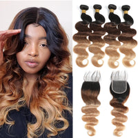 Thumbnail for Ombre Human Hair Bundles With Closure Body Wave 100% Unprocessed Virgin Hair Brown Blonde Colored 3/4 Bundles With Closure