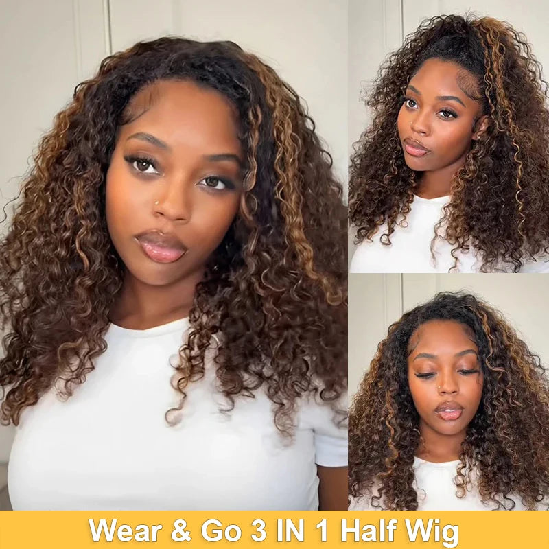 1b30 Highlight Half wig wear and go 3in1 Headband Wigs Human Hair Water Wave Wigs 100% Hair
