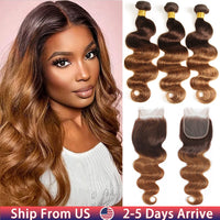 Thumbnail for Ombre Human Hair Bundles With Closure Body Wave 100% Unprocessed Virgin Hair Brown Blonde Colored 3/4 Bundles With Closure