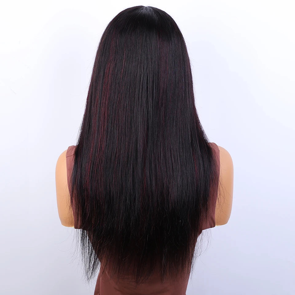 24" Long Highlight Burg Red Bone Straight Human Hair Wigs With Bangs Brazilian Remy Hair