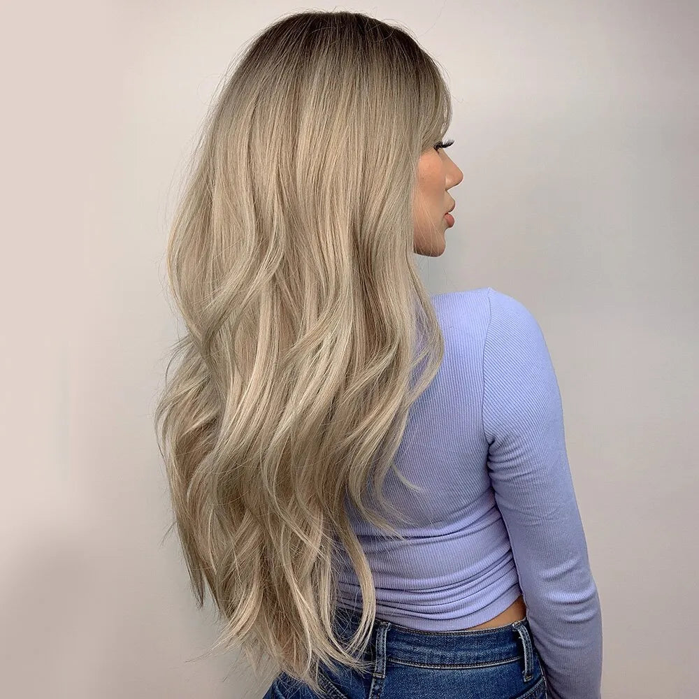 Brown Blonde Ombre Natural Hair Wigs for Women Long Wavy With Dark Roots Synthetic Wig