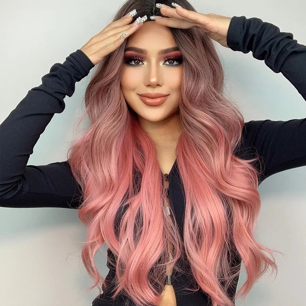 Pink Wigs Wavy Wig Middle Part  Synthetic Heat Resistant Wig Natural Hair Looking