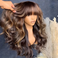 Thumbnail for 180D Highlight Body Wave Human Hair Wig With Bangs Wear To Go Ombre Blonde Brazilian Body Wavy Human Hair Wigs