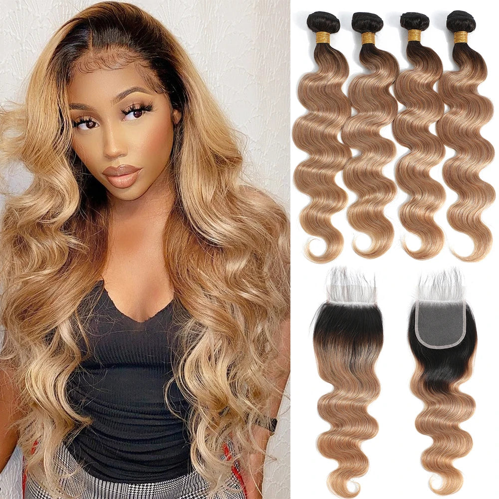 Ombre Human Hair Bundles With Closure Body Wave 100% Unprocessed Virgin Hair Brown Blonde Colored 3/4 Bundles With Closure