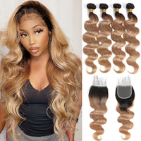 Thumbnail for Ombre Human Hair Bundles With Closure Body Wave 100% Unprocessed Virgin Hair Brown Blonde Colored 3/4 Bundles With Closure