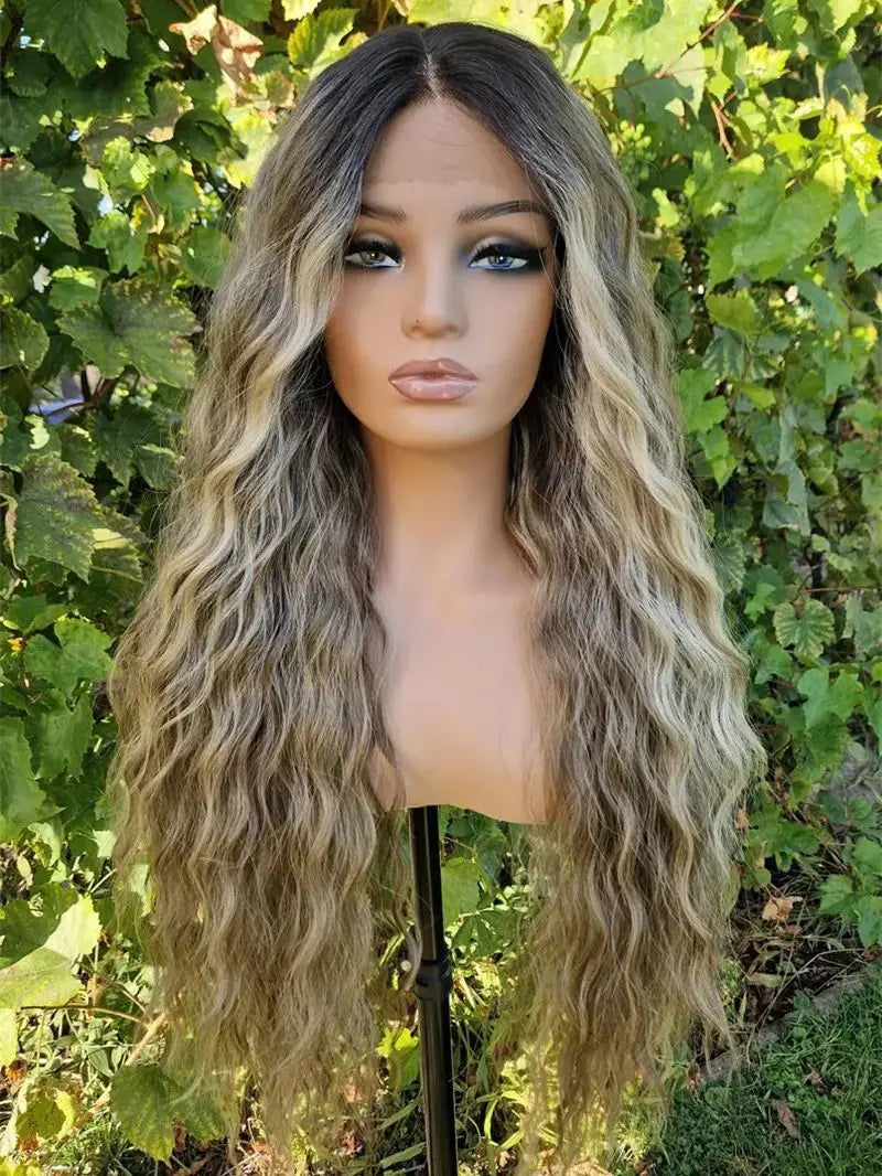 Ombre Ash Blonde Brown Water  Heat Resistant Fiber Hair Wig Glueless Synthetic Wigs High Quality Women's Wigs