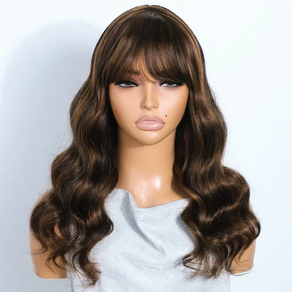 180D Highlight Body Wave Human Hair Wig With Bangs Wear To Go Ombre Blonde Brazilian Body Wavy Human Hair Wigs