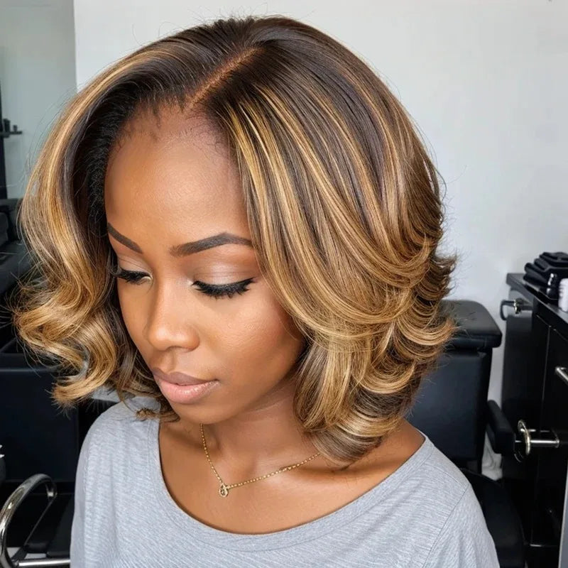 Brown Mix Blonde 5x5 Closure Lace C Part Glueless Highlight Bob Wig