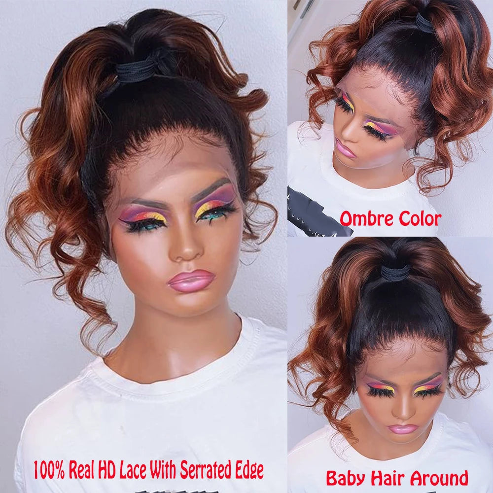 Ombre Brown Colored HD 360 Lace Frontal Wig Human Hair Glueless Melt Skins Brazilian Wig