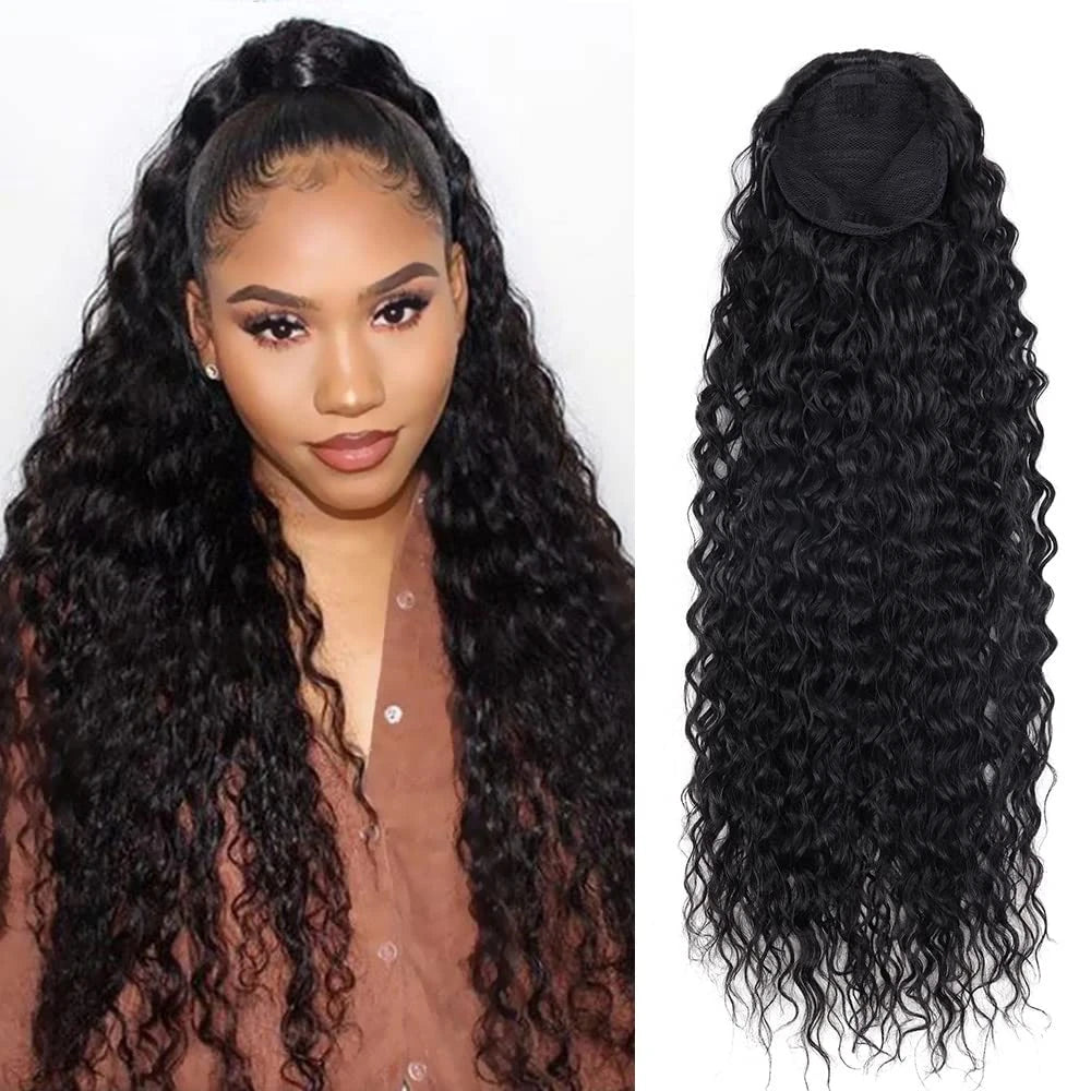 Deep Wave Drawstring Ponytail Human Hair Ponytails #1B Natural Black Curly Clip In Hair Extensions