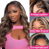 Thumbnail for 30 32 inch Highlight Body Wave Lace Front Wig Human Hair Wear and Go Glueless Wig PrePlucked 250% Density Ombre Lace Front Wigs