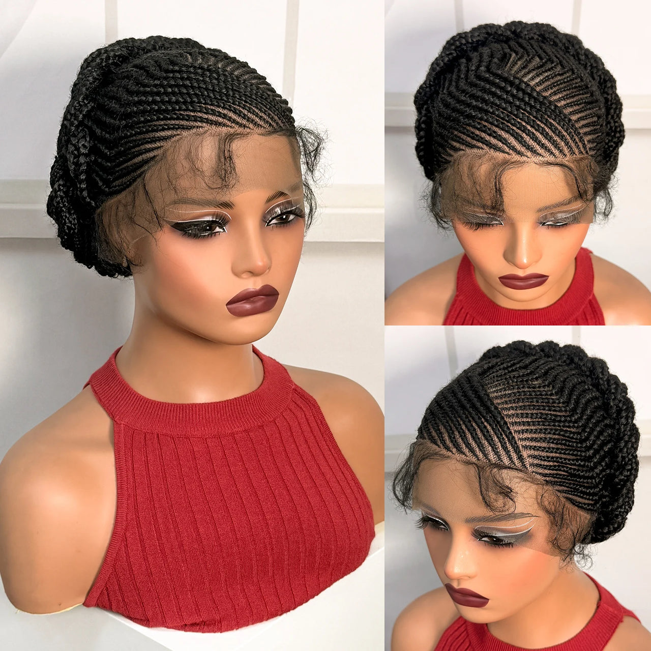 Natural Full Lace Cornrow Braided Wigs Short Synthetic Bantu Braided Wigs Knotless Braids Wigs with Baby Hair for Black Women