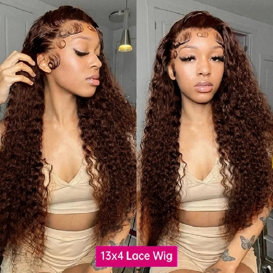 Transparent Chocolate Brown Lace Front Wigs 100% Brazilian Deep Wave Lace Frontal Wig Curly Human Hair Wigs