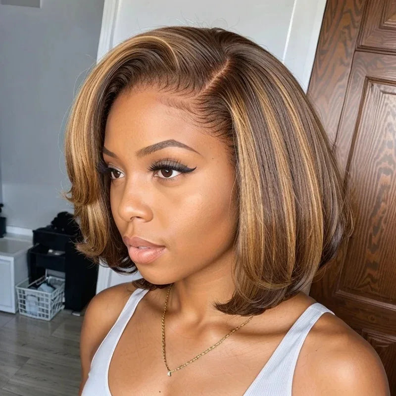 Brown Mix Blonde 5x5 Closure Lace C Part Glueless Highlight Bob Wig